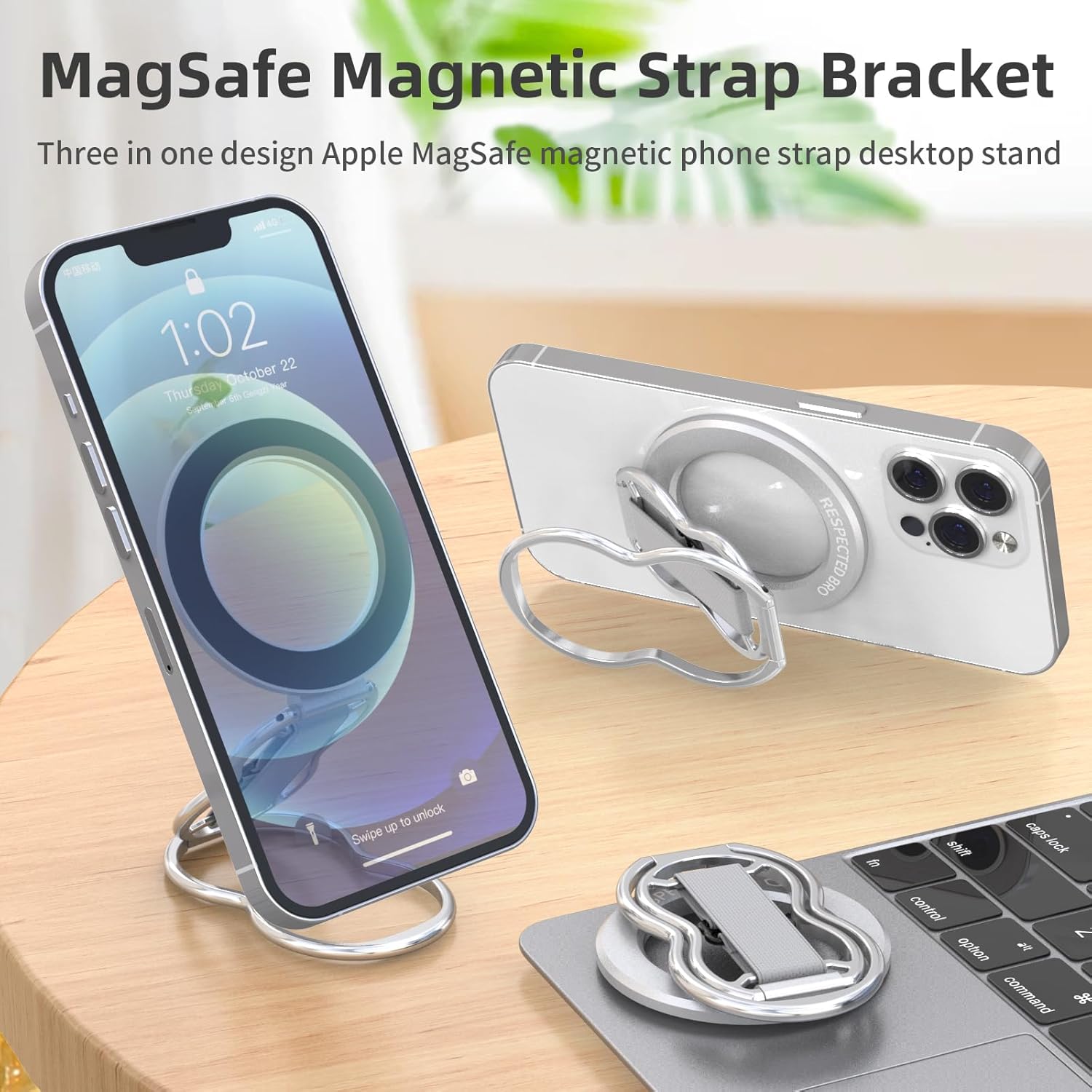 RESPECTED-BRO-Magnetic-Phone-Grip-Stand-with-Finger-Strap, 4-in-1 Magnetic Ring Holder, Kickstand and Elastic Strap for Phones, Universal Fit for iPhone 17/16/15/14/13/12, Android, and Cases (Silver)