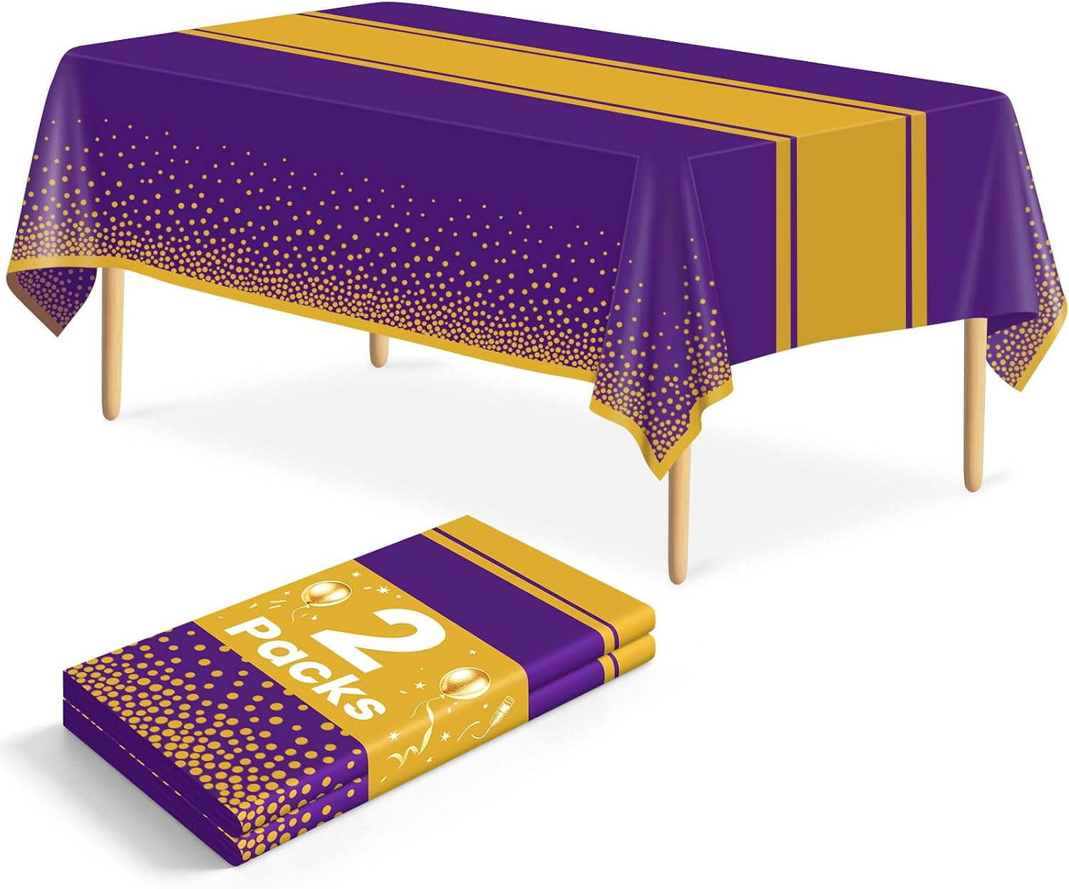 2 Pack Purple and Gold Tablecloth for Party, 54 x 108 Inch