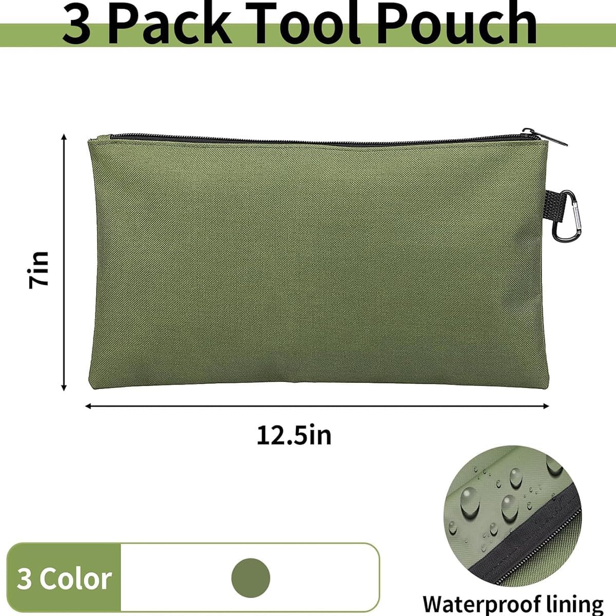 3 Pack Premium Tool Pouch Zipper Bag with Internal Pockets, 12.5 inch Tool Bag, Multipurpose Storage Pouch, Flat Bottom with Zipper for Tools, Gadgets, Cosmetics, Stationary (Green) image 4