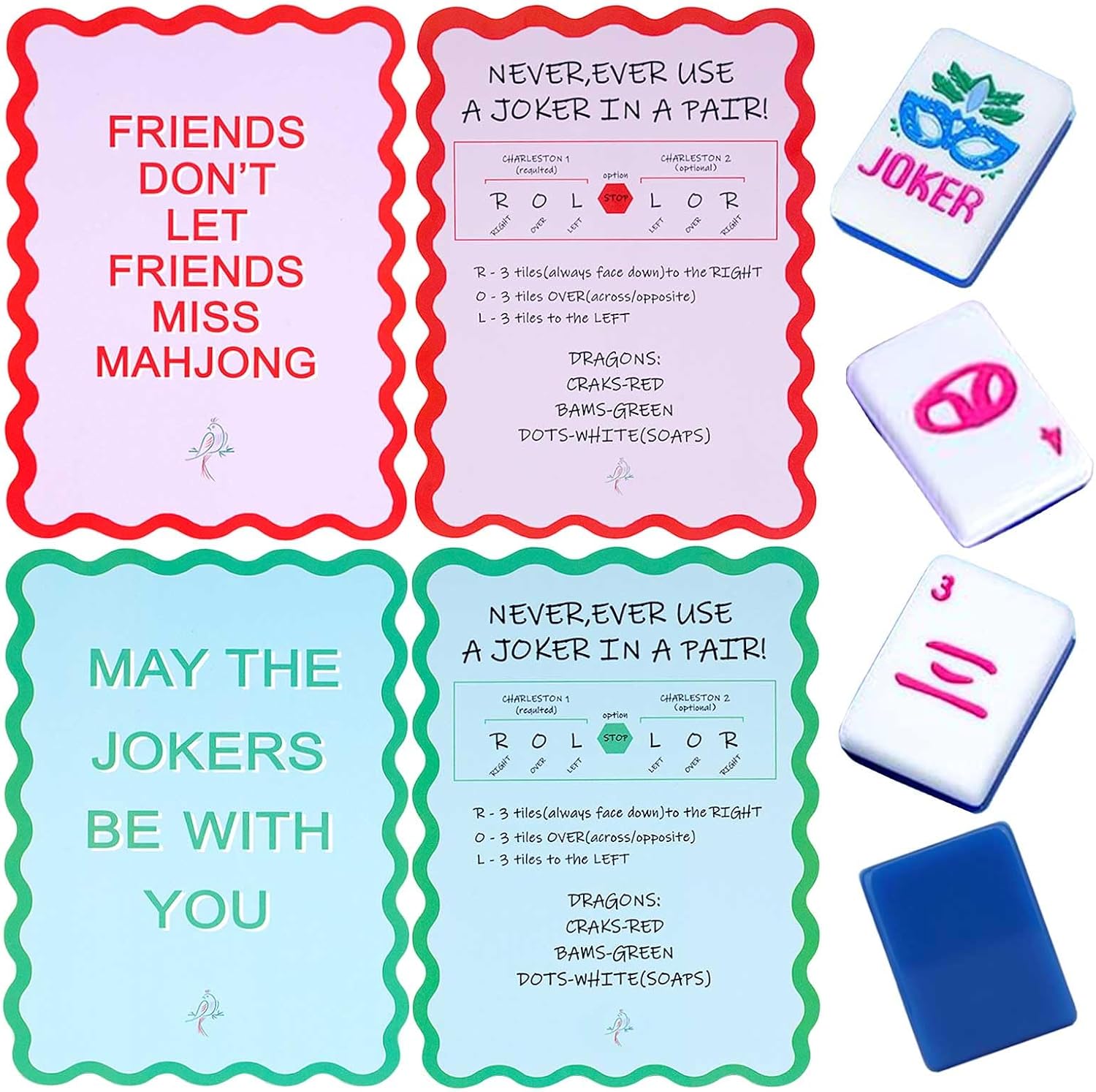 Adkoat® 4PCS Mahjong Shuffler Cards for Tiles Mixing & Shuffling - Portable Mah Jongg Accessories and Gifts for Party Supplies - Waterproof Rules Printed for Mah-jongg Beginners & Lovers