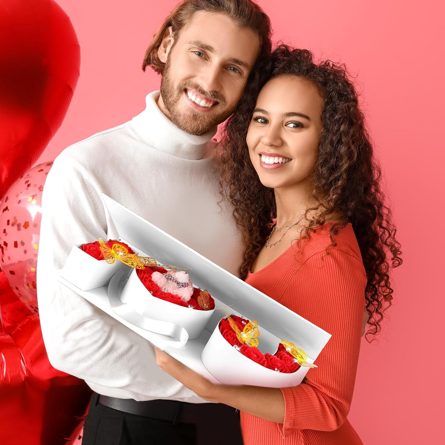 2 Pcs I Love You Box Empty Fillable Flower Box Valentines Day Letter Shaped Box I Heart U Gift Box with 24 Gold Butterfly 50 Crystal Bouquet Pins for Valentines Wedding Mother's Day Party (White)