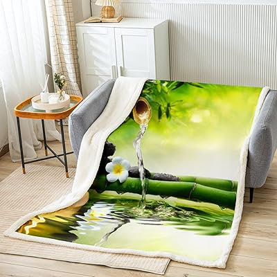 Green Bamboo Fountain Blanket for Boys Girls Kids Super Soft Warm Zen Stones Sherpa Fleece Blanket Spa Still Life Throw Blankets Natural Meditation Bed Blanket Gifts for Teens Women(Queen 90