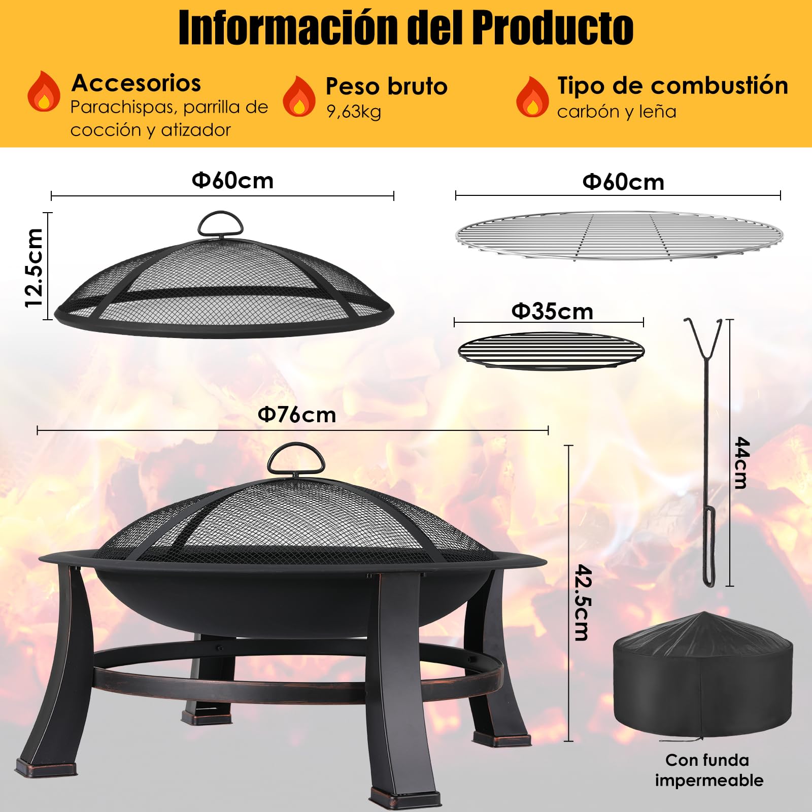 TLGREEN Brasero Exterieur Jardin, Ø 76 cm Pozo de Fuego con Protector de Chispas y Atizador, Brasero Barbacoa con Rejilla para Jardín y Terraza, Parrilla Brasero al Aire Libre de Aspecto Retro