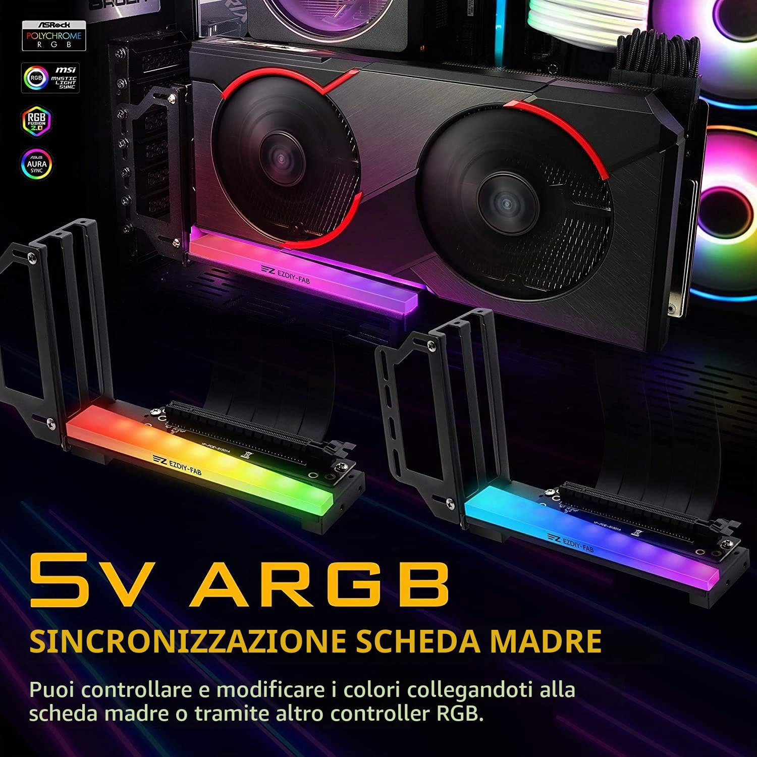 EZDIY-FAB Supporto verticale per scheda grafica con LED ARGB 5 V 3 pin, supporto GPU, kit di supporto per scheda video VGA con cavo riser PCIE3.0 - nero