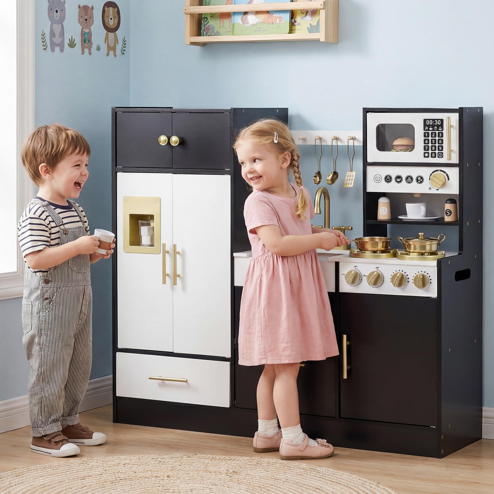 COSTWAY Cucina Giocattolo per Bambini, Set Cucinetta in Legno con Luci e Suoni Realistici, Fornelli, Lavello, Rubinetto, Forno, Microonde, Macchina del Caffè, Gioco di Finzione Chef per Bambini 3+