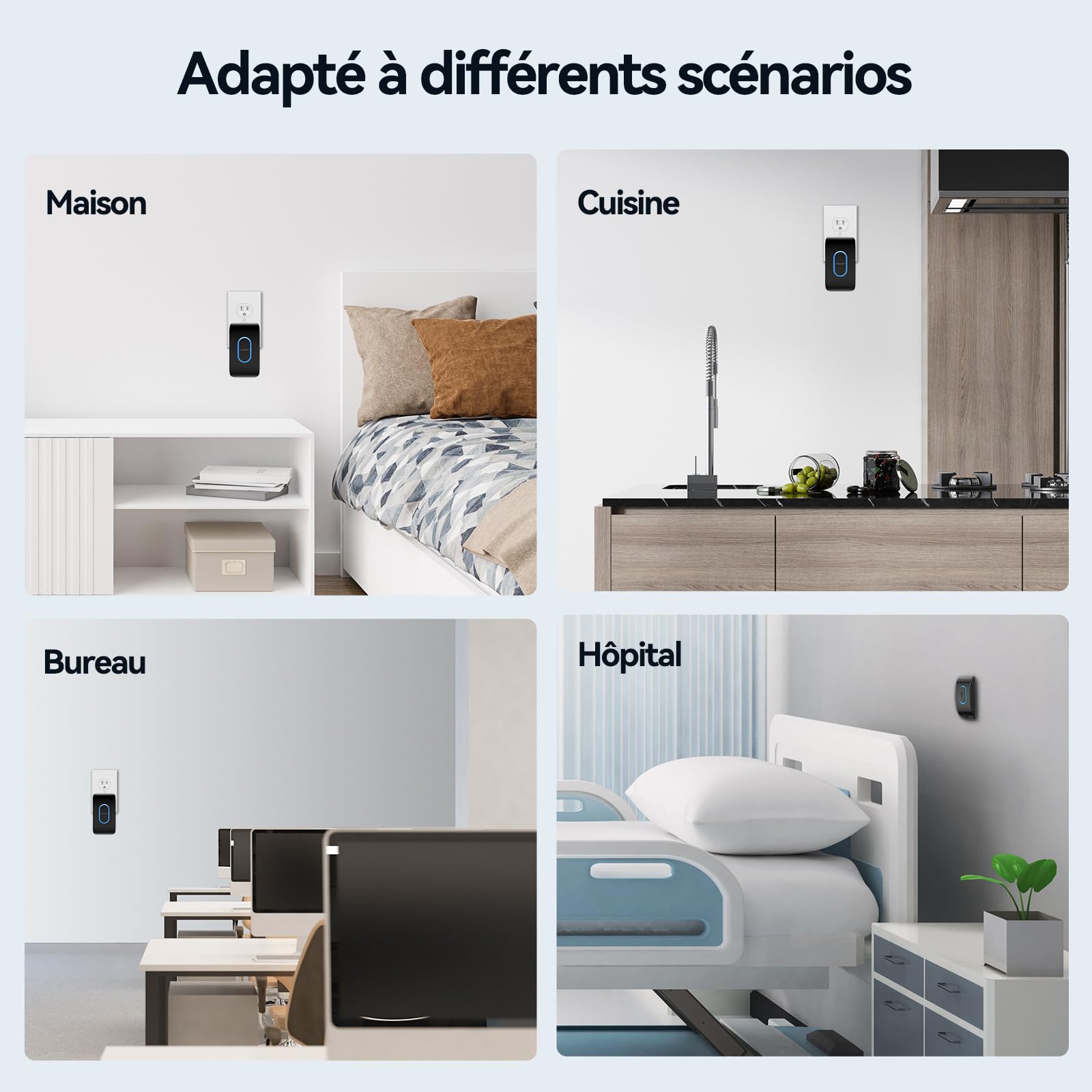 TECKNET Sonnette sans Fil Exterieur Etanche avec 2 Récepteurs, Portée de 400M, IP65 Etanche Carillon, 60 Mélodies et 5 Niveaux Volume, Indicateur LED Bleu, pour Maison, Hôtel -Noir