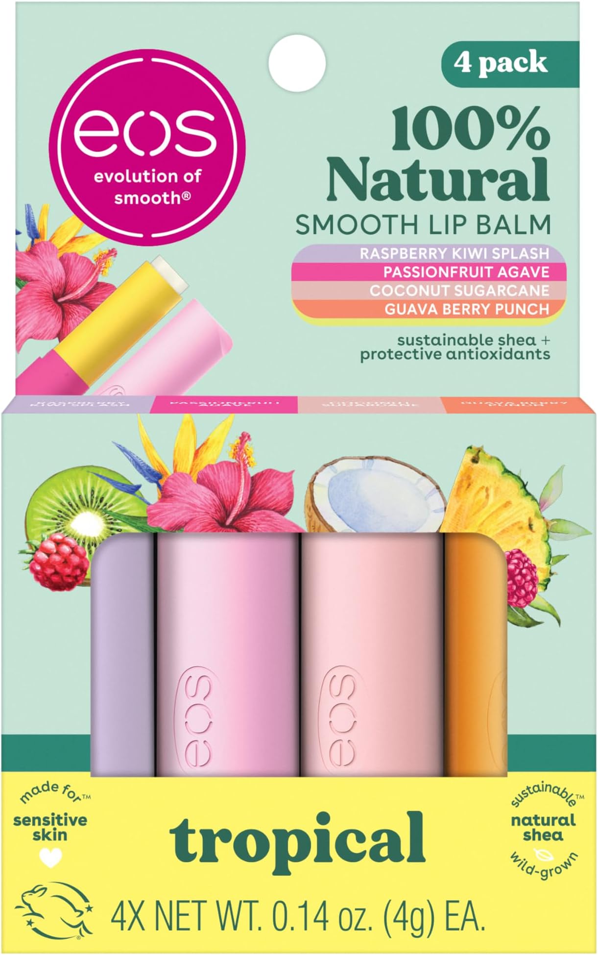 eos FlavorLab Super Soft Shea Lip Balm Sticks - Totally Tropical Variety Pack | Lip Moisturizer | 24 Hour Hydration | Gluten Free Lip Care| 4 Pack,Dragonfruit