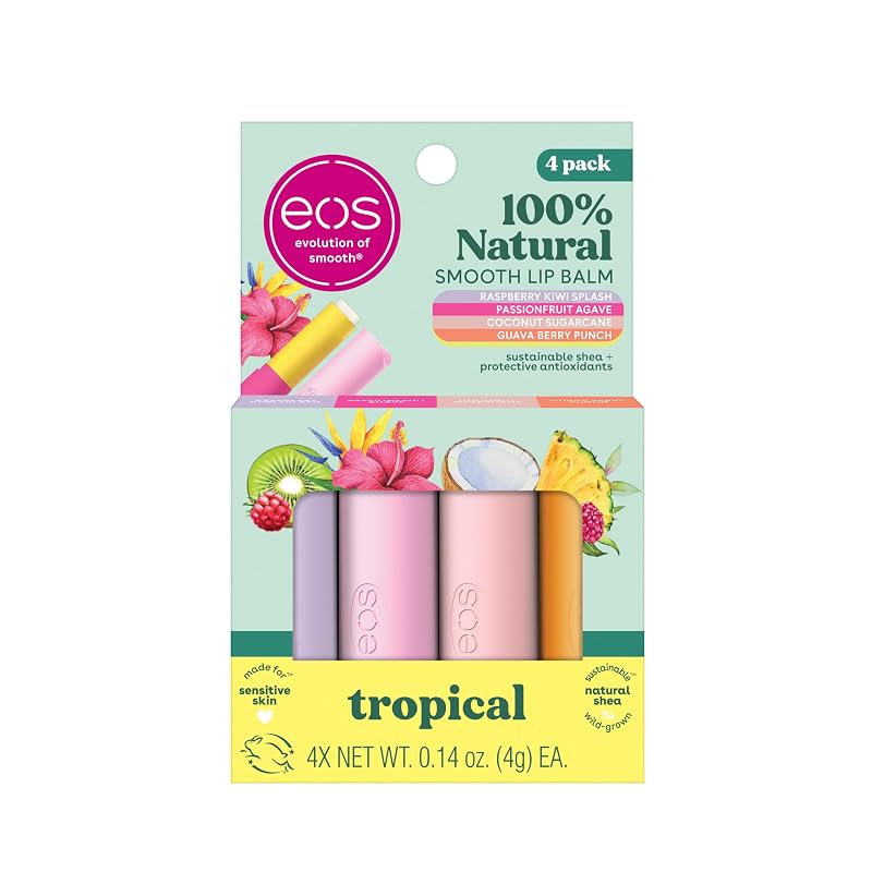 Bálsamos labiais eos Raspberry Kiwi Splash, Passionfruit Agave, Coconut Sugarcane e Guava Berry Punch, Pacote com 4