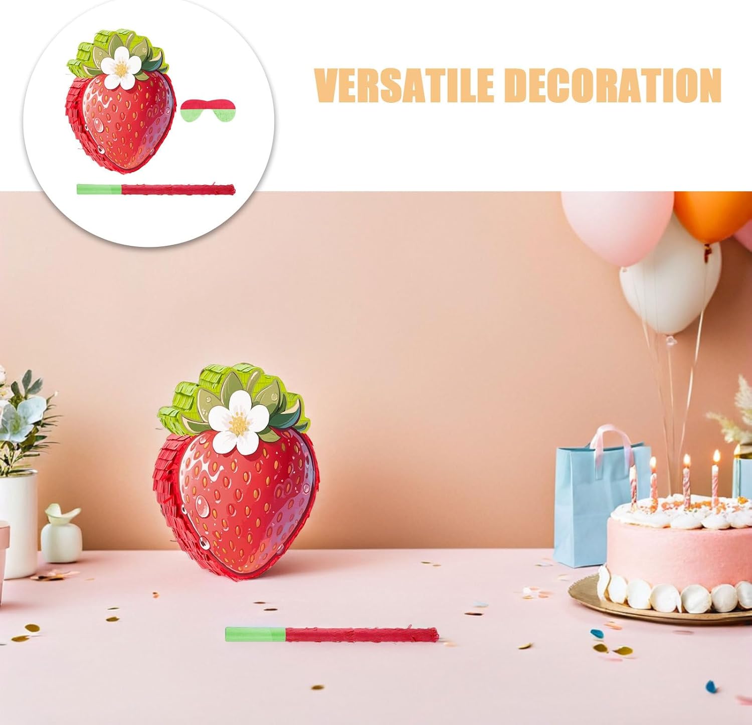 Healifty 1Set Summer Fruit Pinata: Red Strawberry Pinata Party Game Set Summer Birthday Decoration with Stick Mask for Fruit Theme Birthday Party Game Supplies