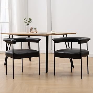 Ya-Home Modern Dining Chairs Set of 2, Upholstered PU Side Chair Armchair with Barrel Backrest Black Metal Frame for Dining Room Living Room, Black