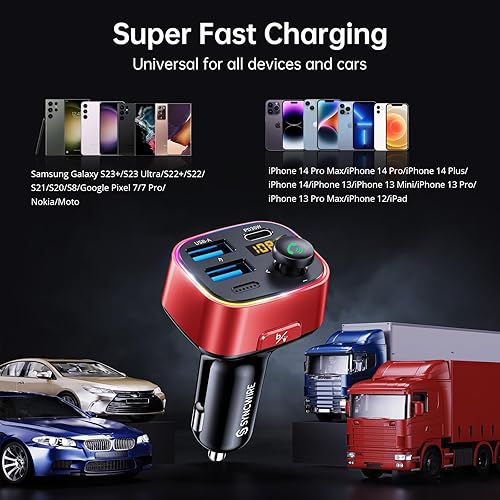 Miniatura 8 de Syncwire Bluetooth 5.3 Transmisor FM Adaptador de coche 48W (PD 36W y 12W) Interruptor de luz Bajo Profundo HiFi Carga Rápida Adaptador de Música de