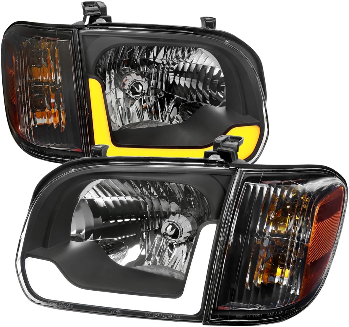 Switchback Sequential LED Bar Factory Style Headlights w/Corner Lamps (Black Housing/Clear Lens) Made for and Compatible with 2005-2006 Toyota Tundra/2005-2007 Sequoia