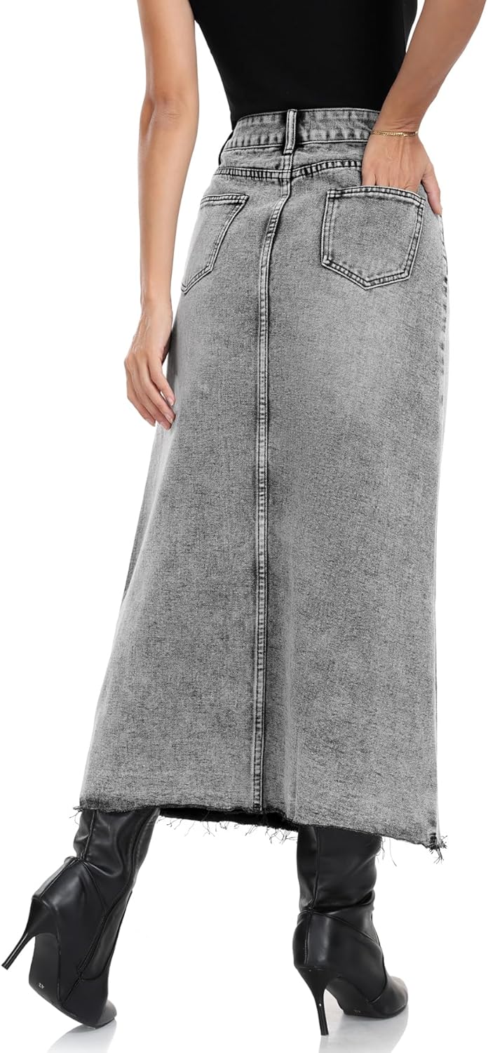 MISS MOLY Women's Jean Skirt Stretch High Waisted Frayed Raw Hem A Line Denim Midi Skirt with Pockets - Image 4