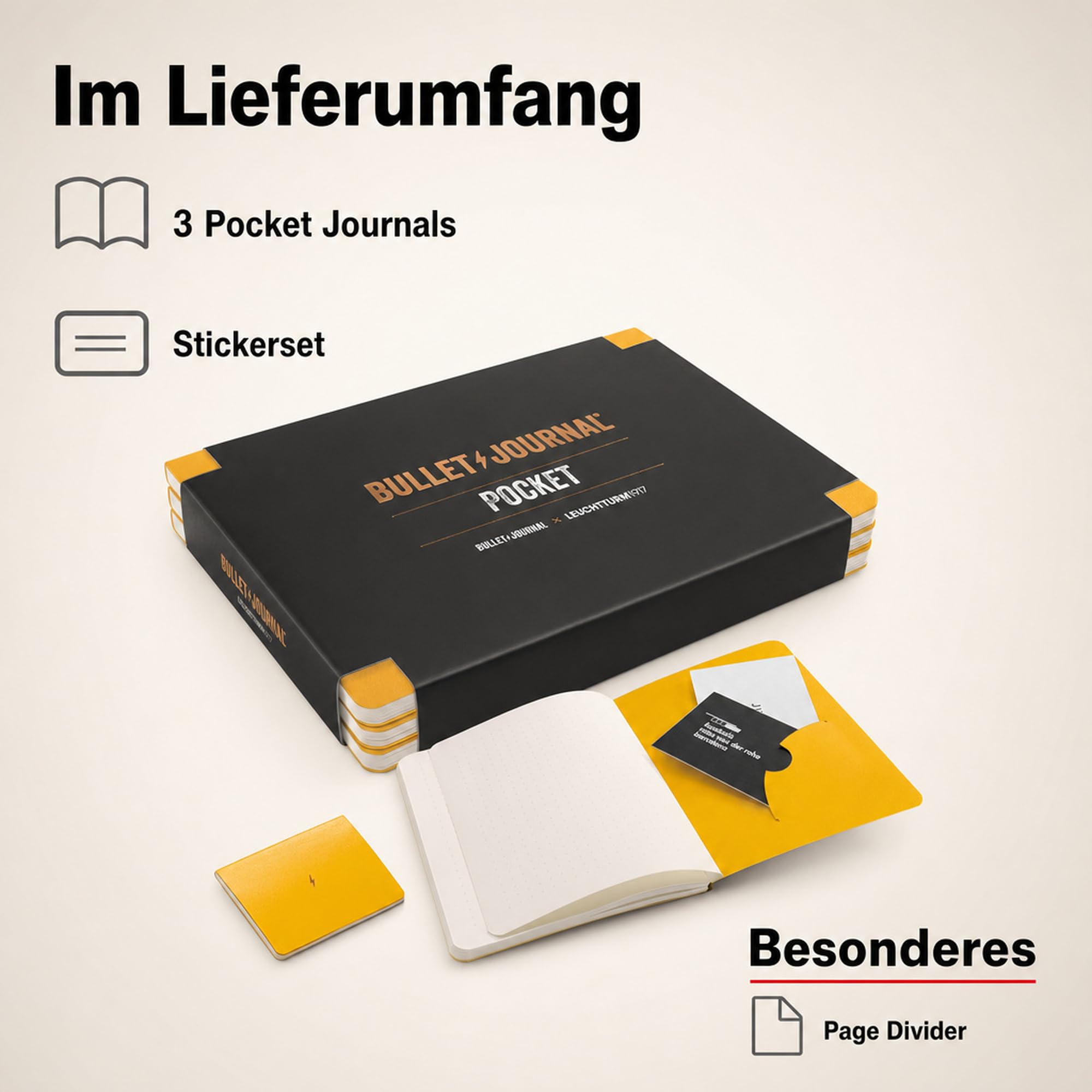 LEUCHTTURM1917 371629 Bullet Journal Pocket, 14,3x10,3 cm, 46 double pages numérotées, Pointillé, Yellow24, set de 3