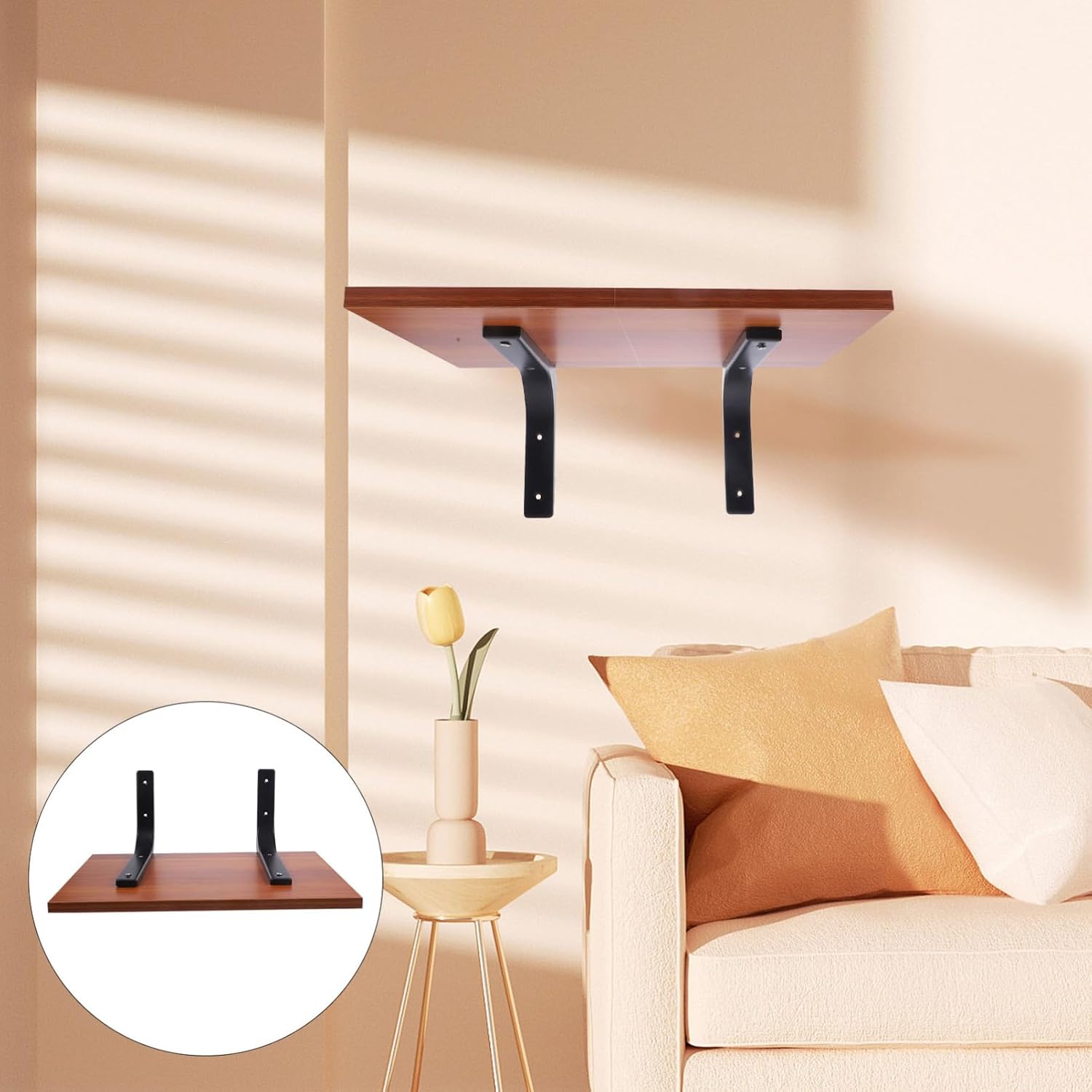 Metal Shelf Brackets for Wall Mounting Sturdy Floating Shelf Supports with Wooden Board for Home Decor and Bathroom
