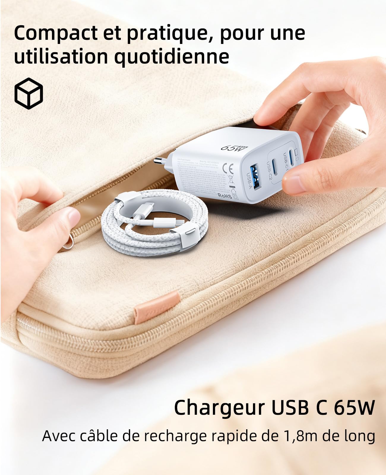Chargeur USB C 65W 3-Ports GaN III Charge Rapide PD3.0 PPS, avec Câble Tressé 1.8M, Compatible avec MacBook Pro/Air/Neo, iPhone 17/16/15, iPad Pro, Samsung Galaxy S25/S24/S23 Ultra, Google Pixel 10/9