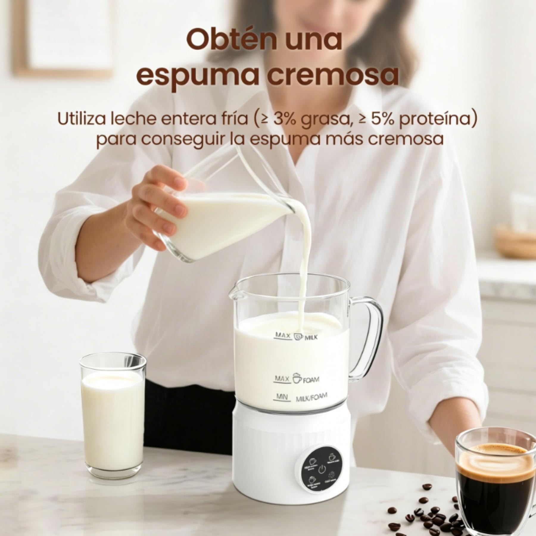 4 en 1 Espumador de Leche Eléctrico y Calentador de Leche, Creador de Espuma Caliente y Fría, Calienta Leche de Acero Inoxidable, Espumador Leche Eléctrico para Café, Latte, Capuchino