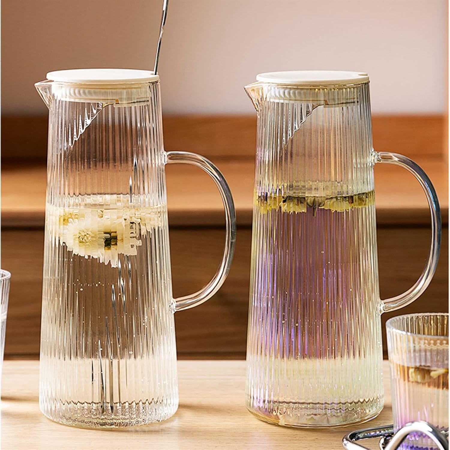 Kettles Vertical Pattern Glass Pitcher with Detachable Stainless Steel Tea Compartment Glass Cafare with Handle to Prevent Hot Hands Canteen(C)