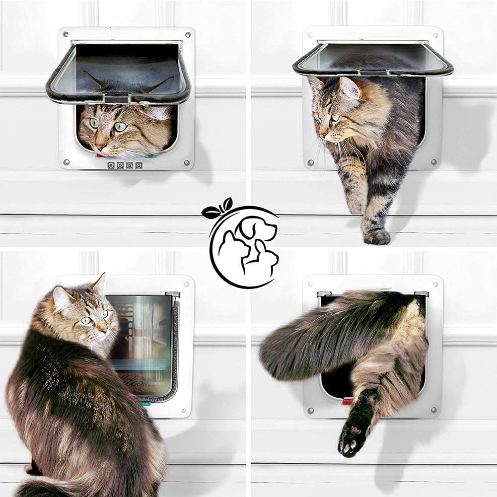 Cat Door Dog Door with 4 Way Locking, Cat Flap Door for Interior Exterior, Quiet Weatherproof Pet Doors,Compatible with Adult Cats and Small Dog, Easy Installation