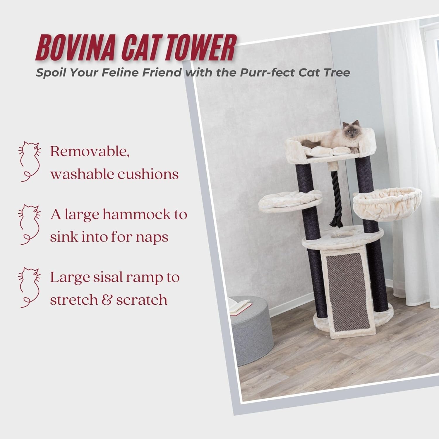 TRIXIE Bovina Cat Tower for Large Cats, Hammock, Climbing Ramp, Sturdy Play Rope, Padded Platforms 55.5 in. Tall