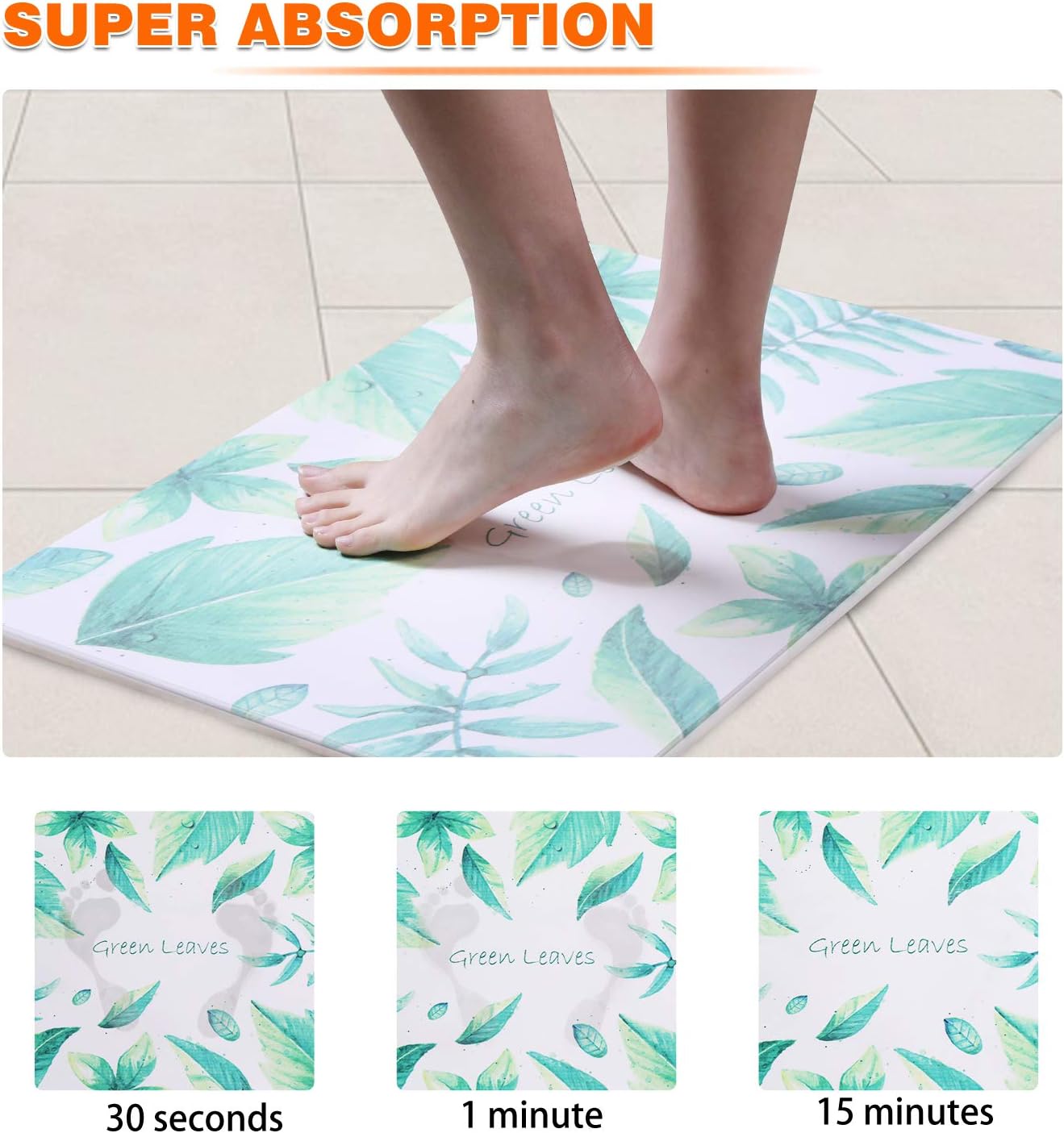 Egofine Bath Mat - Absorbent Diatomaceous Earth Bath Mat, Deodorant Non Slip Fast Drying for Bathroom Floor in 23.6" x 15", Green Leaves