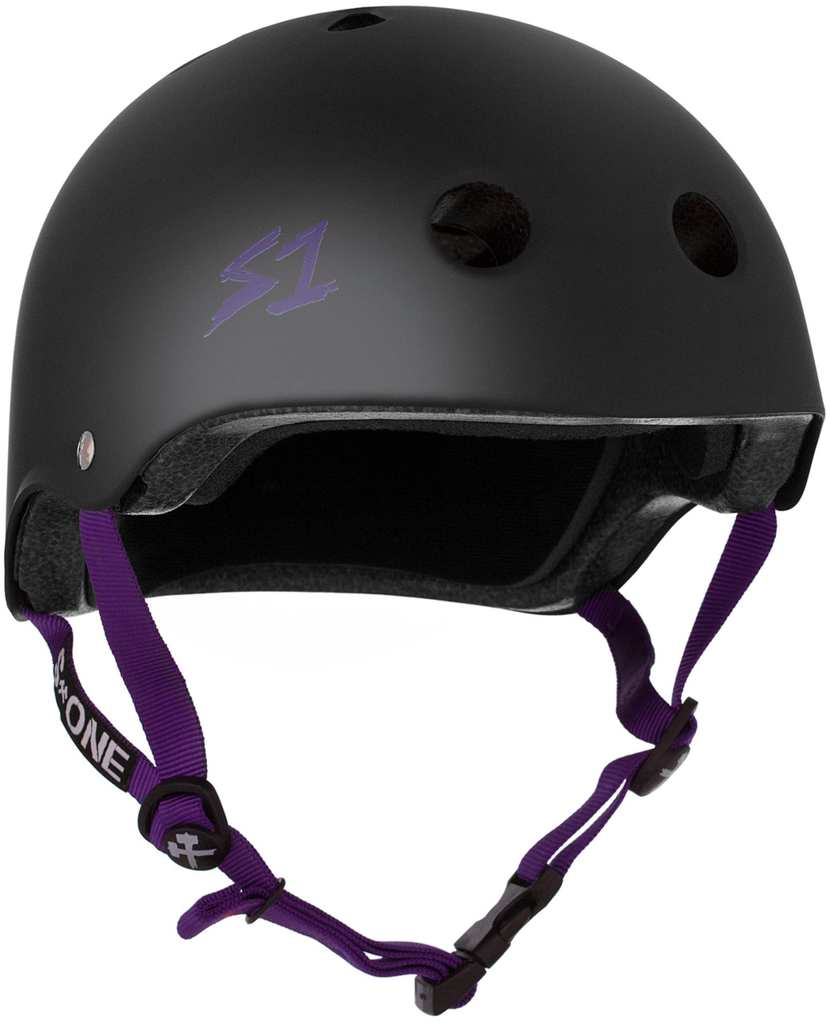 S1 Lifer Helmet for Skateboarding, BMX, and Roller Skating - EPS Fusion Foam, CPSC & ASTM Certified - Black Matte w/Purple Straps Small (53.3 cm) — image 1