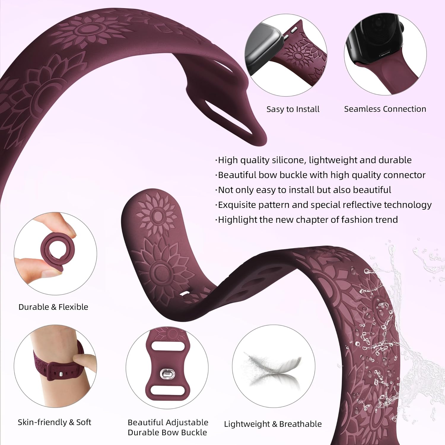 6 Pack Flower Engraved Bands Compatible Apple Watch Band With 38mm 40mm 41mm 42mm 44mm 46mm 45mm 49mm Women Men.Silicone Floral Reflective Sport Strap for iWatch Series 10 9 8 7 6 5 4 3 SE Ultra 2 1