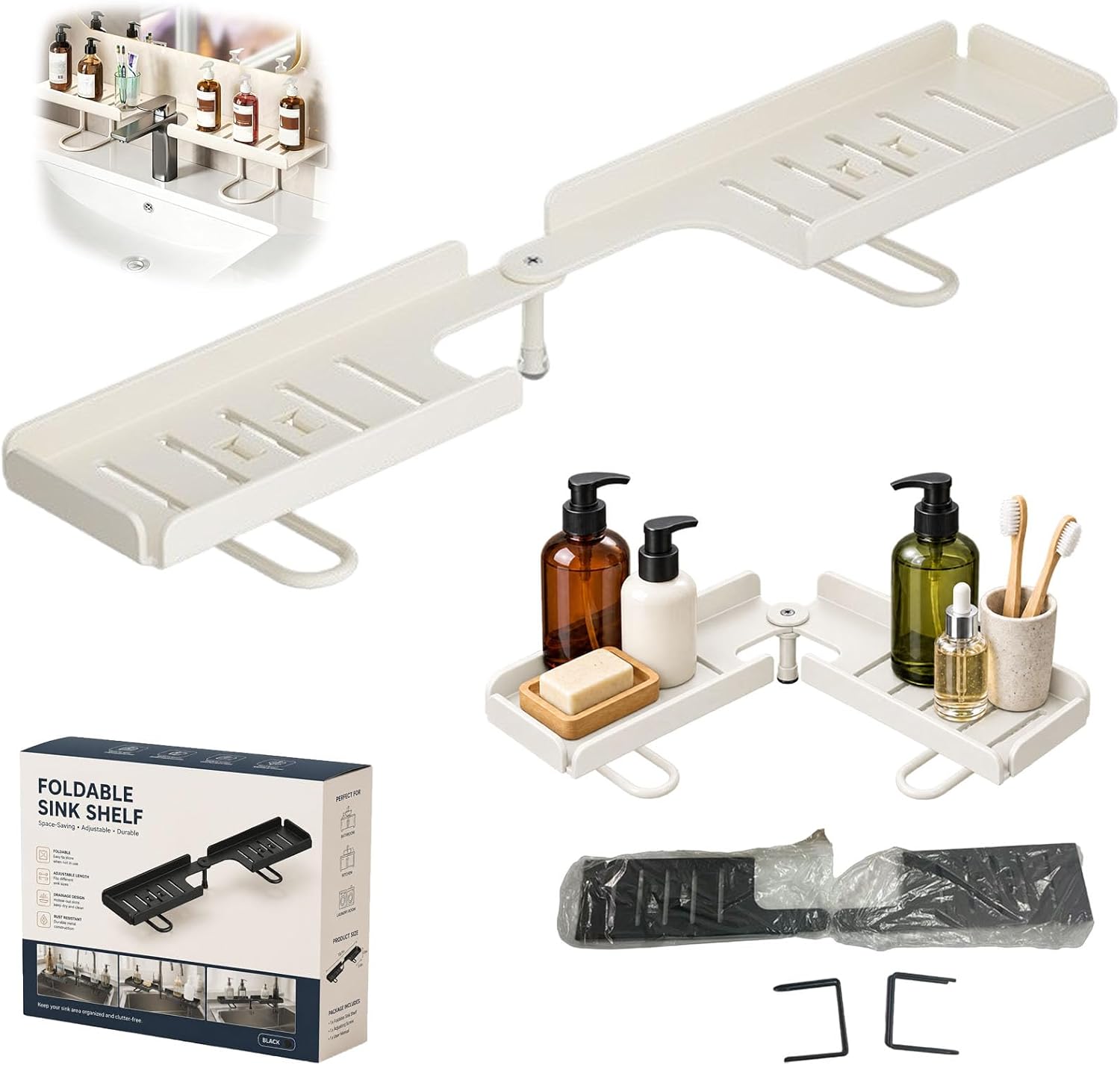Foldable Shelf Organizer Sink, Foldable Faucet Rack for Bathroom & Kitchen,White
