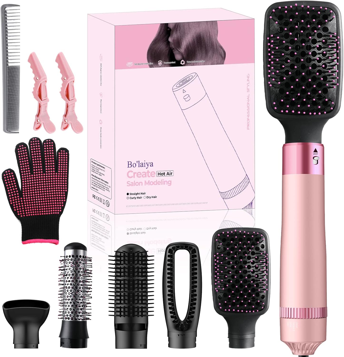 5-in-1 Hair Dryer Brush, Negative Ion Hot Air Blow Dryer Brush Set, Includes Curler, Straightener, Volumizer, Can be Used for Straightening, Curling,Drying, Suitable for All Hair Types