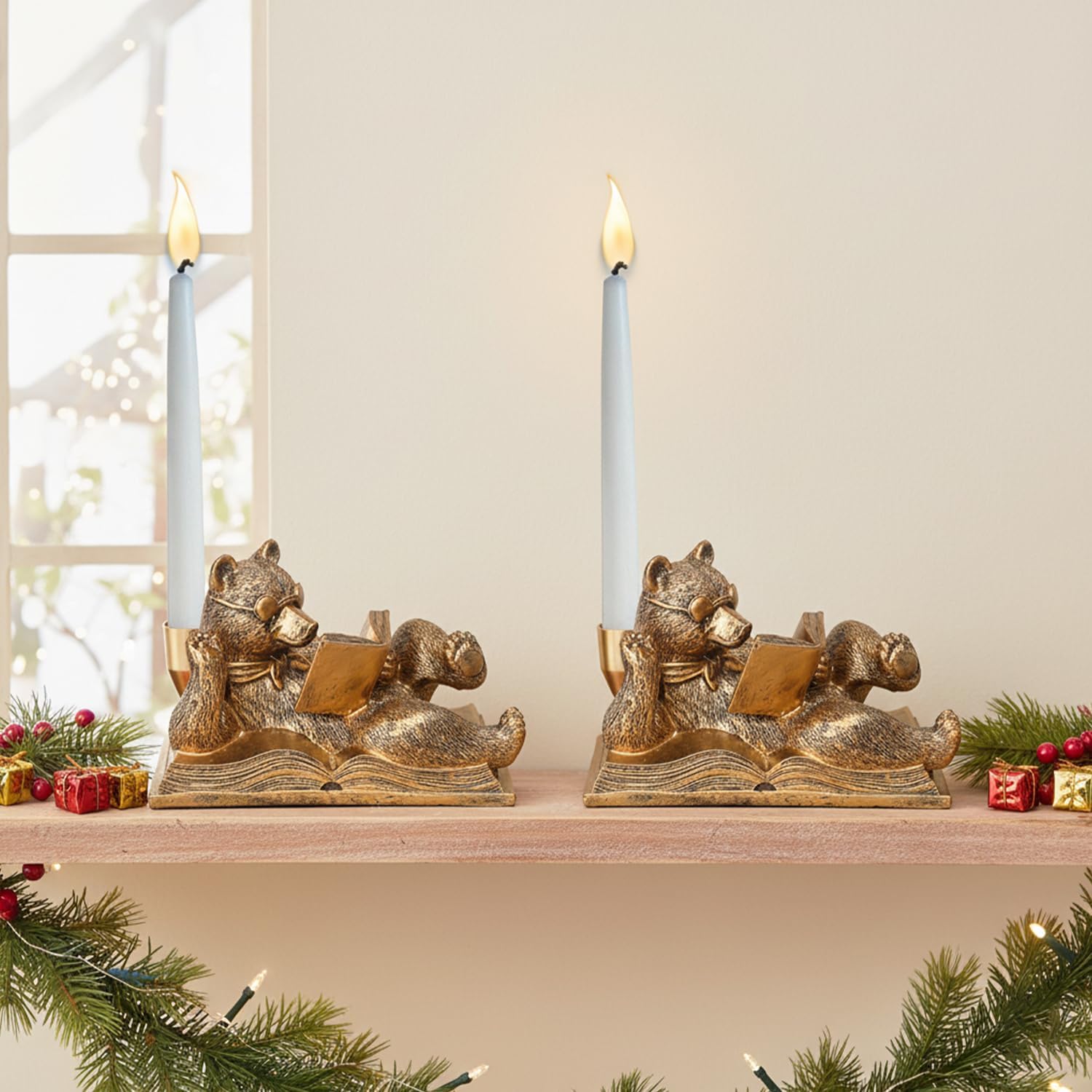 Gold Animal Candle Holders - Bear Set of 2 Vintage Rustic Pedestal Candlesticks, Easter Decorations, Centerpieces for Fireplace Mantle & Dining Table