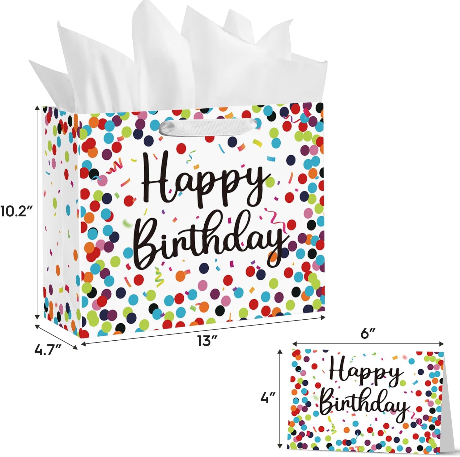 Horaldaily 13" Large Birthday Gift Paper Bags with Tissue Paper and Card, Happy Birthday Dots Streamers Gift Paper Bag for Men Women Kids Birthday,1Pcs