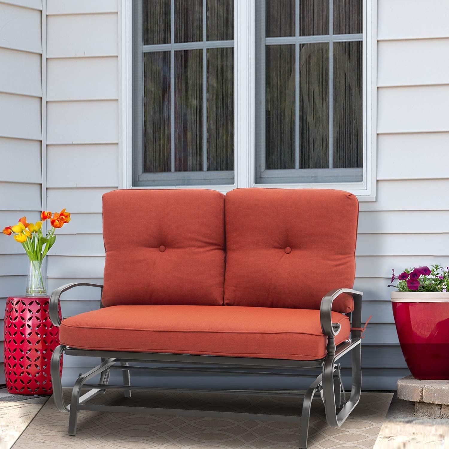 Crownland Outdoor Patio Glider Rocking Bench,Porch Furniture Glider Loveseat Seating,Wrought Iron Chair Set with Cushion, Red : Patio, Lawn & Garden