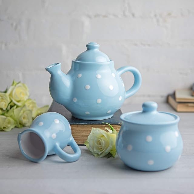 City to Cottage® Jasnoniebieski i biały w kropki ręcznie wykonany ceramiczny czajniczek, dzbanek na mleko, zestaw cukierków