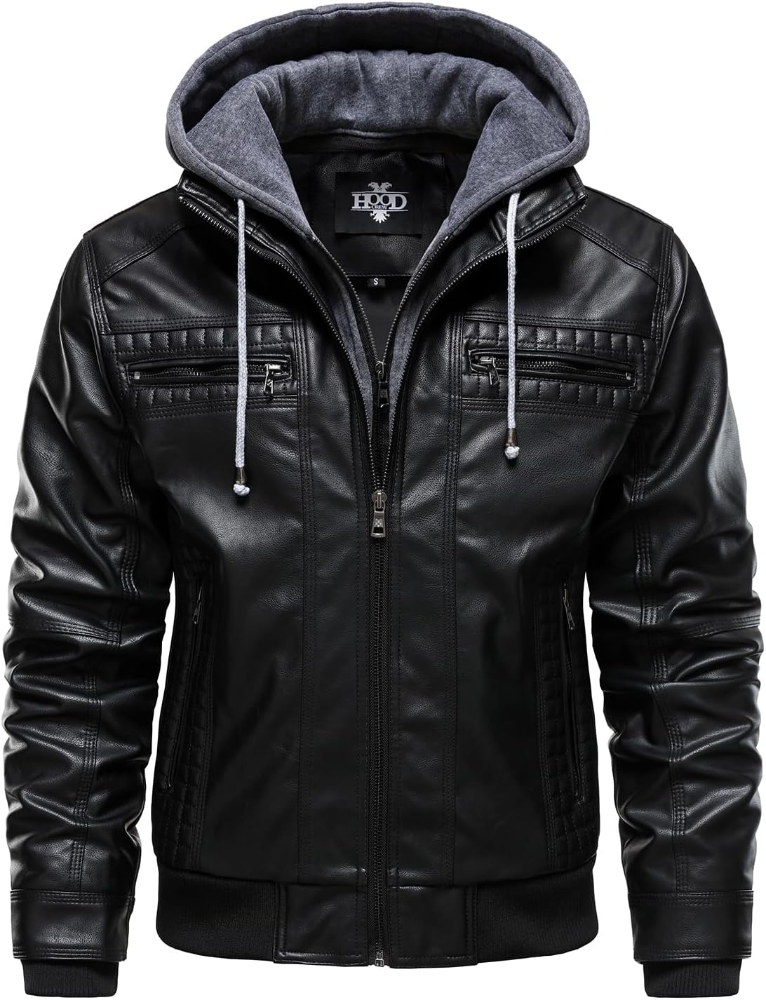 HOOD CREW Men Faux Leather Jacket with Detachable Hood Casual Motorcycle Bomber Jackets Outerwear - Image 3
