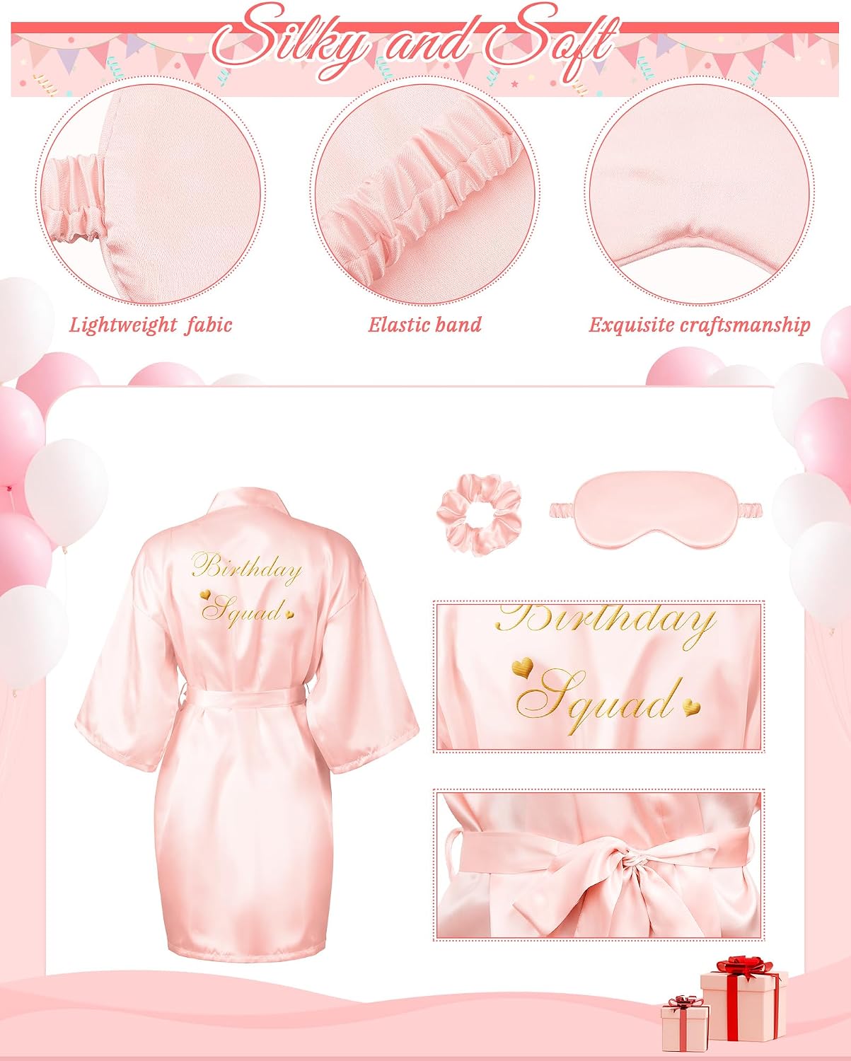Neer 21 Pcs Women Birthday Party Robe Set Queen Squad Kimono Satin Bathrobes with Eye Mask and Scrunchie for Birthday