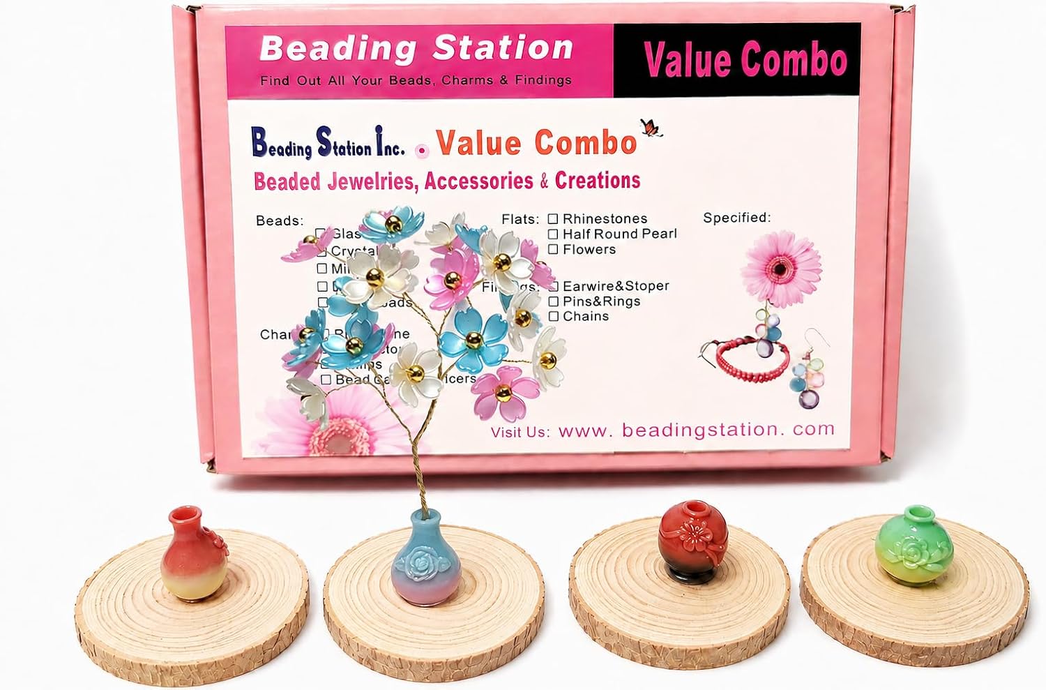 BeadingStation® 4-Set DIY Flower Petal Mini Tree Kit – Create 4 Unique – Includes Wood Bases & Vases – Gift-Ready Value Combo