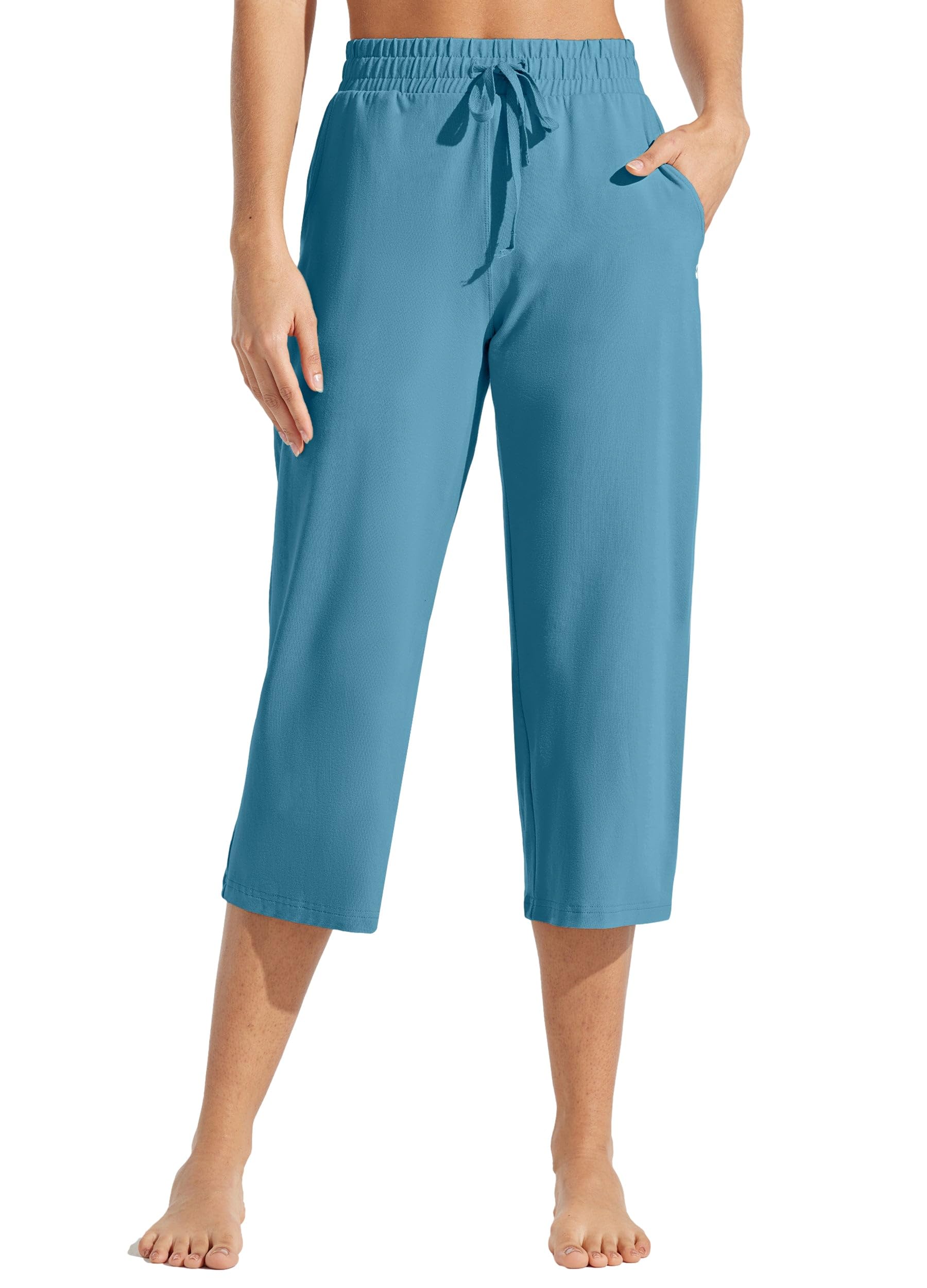 Willit Pantacourt de yoga en coton pour femme - Pantalon de yoga décontracté à jambes larges avec poches - 50,8 cm, bleu océan, Taille L