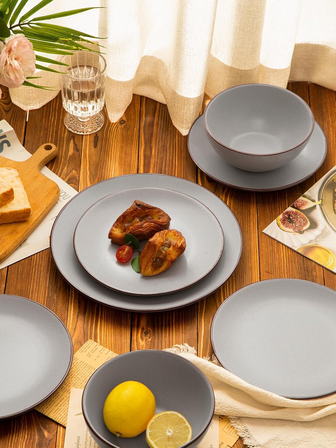 Famiware Venus Plates and Bowls Sets, 12 Pieces Stoneware Speckled Dinnerware Sets, Dishes Set for 4, Microwave and Dishwasher Safe, Matte Light Grey - Image 8