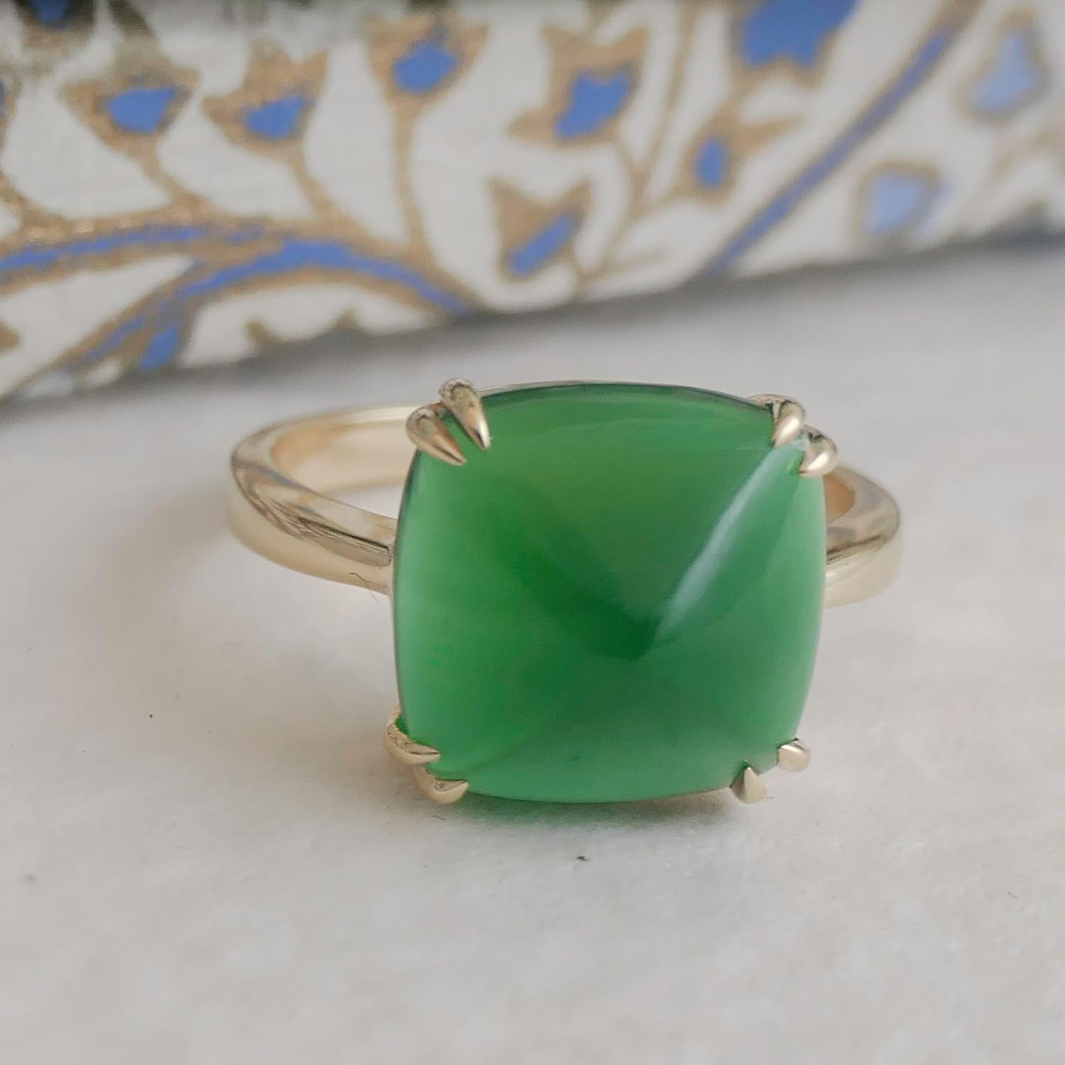Green Onyx Sugar Loaf Ring 12x12mm – 925 Solid Sterling Silver with 3 Micron Gold Plating – Natural Gemstone, Scandinavian Handmade Fine Jewelry for Women