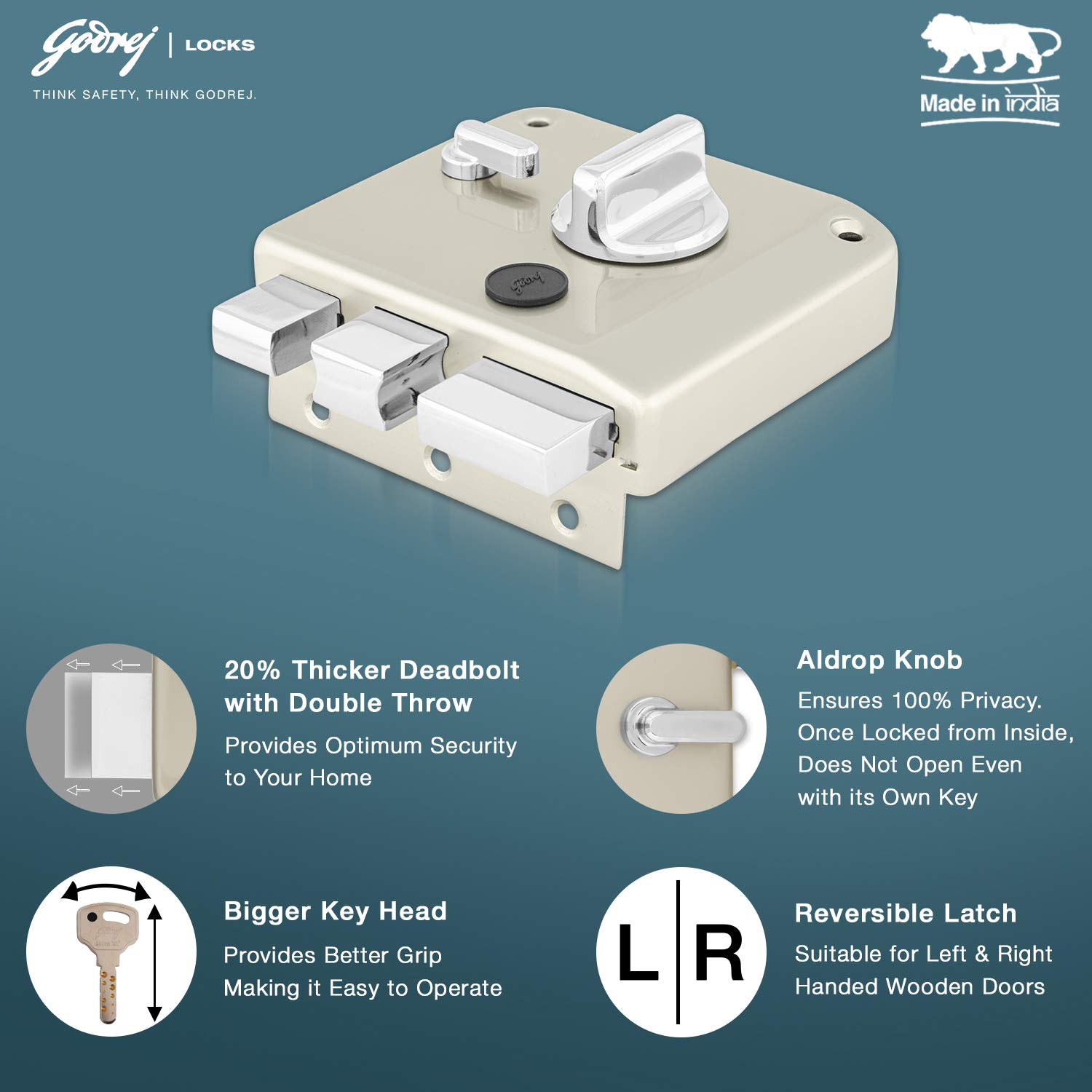 Godrej Rim Lock l Tribolt Ultra XL+ I 1CK Deadbolt l for Inside Opening, Double and Sliding Wooden Doors l Left/Right-Handed Doors l 4 Keys l 5 Year Warranty l Manual Locking I Satin Nikel Finish — Amazon image 4