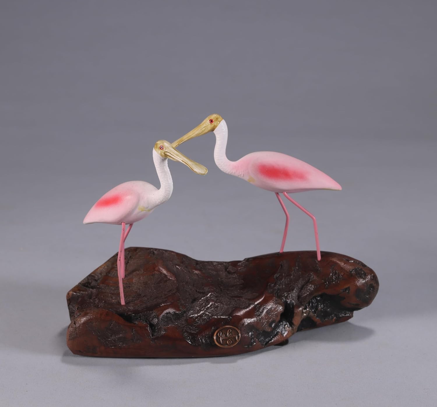 Roseate Spoonbill Duo by John Perry 6in Long Sculpture on Polished burlwood Base. Signed.