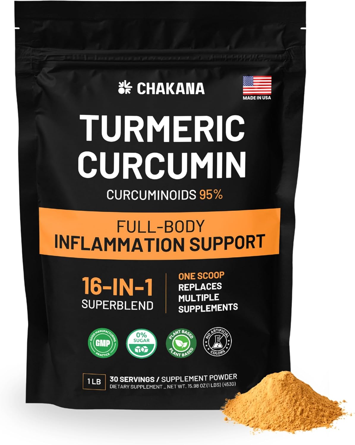 Turmeric Curcumin 16-in-1 for Inflammation Support – Replaces Multiple Supplements – Joint Comfort, Mobility & Gut Health Powder – 1 lb (30 Servings)