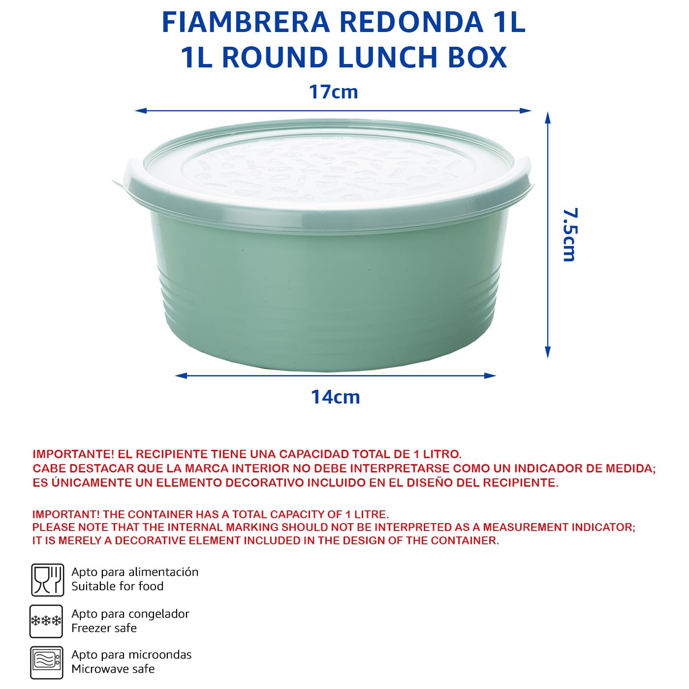 Confezione da 12 contenitori per alimenti 1L, contenitori rotondi in plastica, senza BPA, Tappo adatto per microonde, lavastoviglie, congelatore