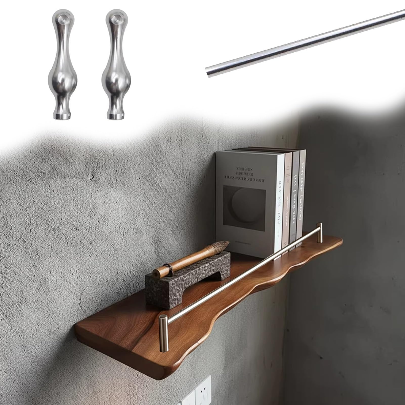 MESCXTY Aluminum Shelf Guard Rail Decorative 8 12 16 18 24 28 32 36 38 in, Tipping Gallery Set for Floating Shelf, Cabinet Guardrail Bar with 2 Spindles(Silver A,23in/58cm)