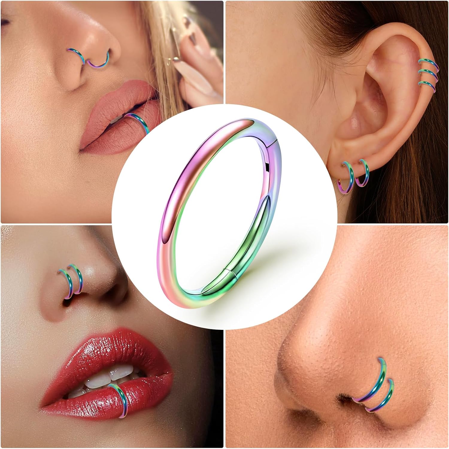 ONESING 2 PCS Nose Rings Hoops 14G 16G 18G 20G Surgical Steel Septum Rings Cartilage Tragus Round Hinged Nose Rings Piercing Jewelry for Women Men 6-12mm image 4
