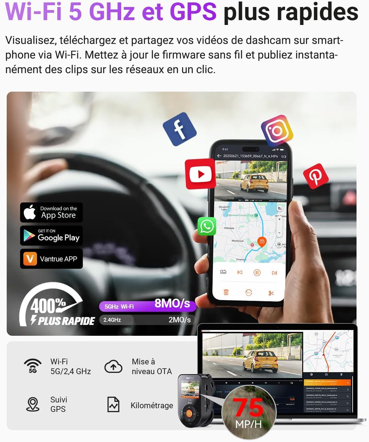 VANTRUE S1 Pro Dashcam Avant Arrière 2,7K+1080P 60fps,Caméra Embarquée Vision Nocturne STARVIS 2 HDR, WiFi 5GHz GPS,Mode stationnement 24h,Supercondensateur,CapteurG,Enregistrement cyclique,Max 512 Go