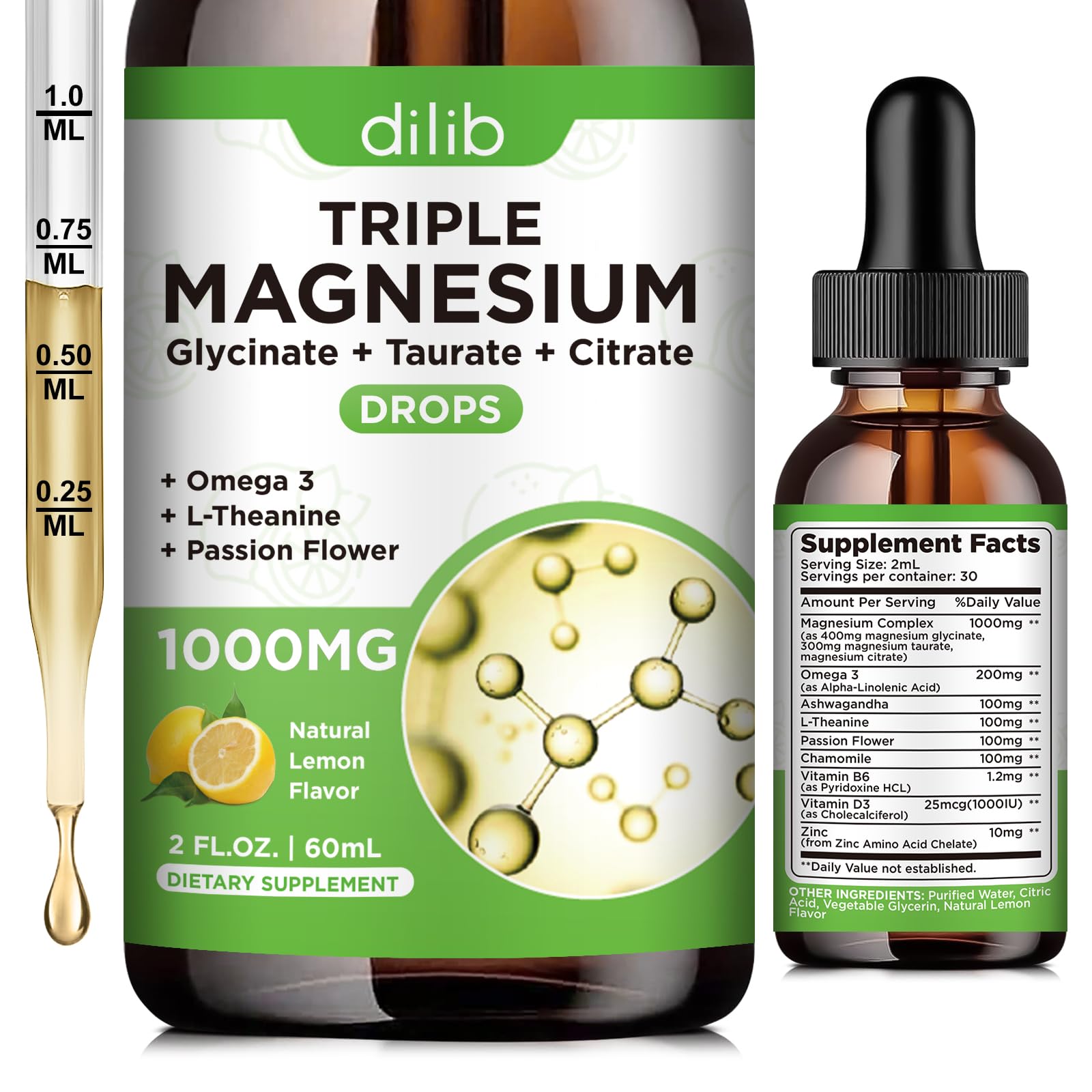 Liquid Magnesium Glycinate Supplement 1000mg, Calm Magnesium Citrate, Taurate Drops with Omega 3, Zinc, Ashwagandha, L-Theanine, Chamomile for Sleep, Mood, Stress Relief, Bone, Muscle, Lemon Flavor Lemon 2 Fl Oz (Pack of 1)