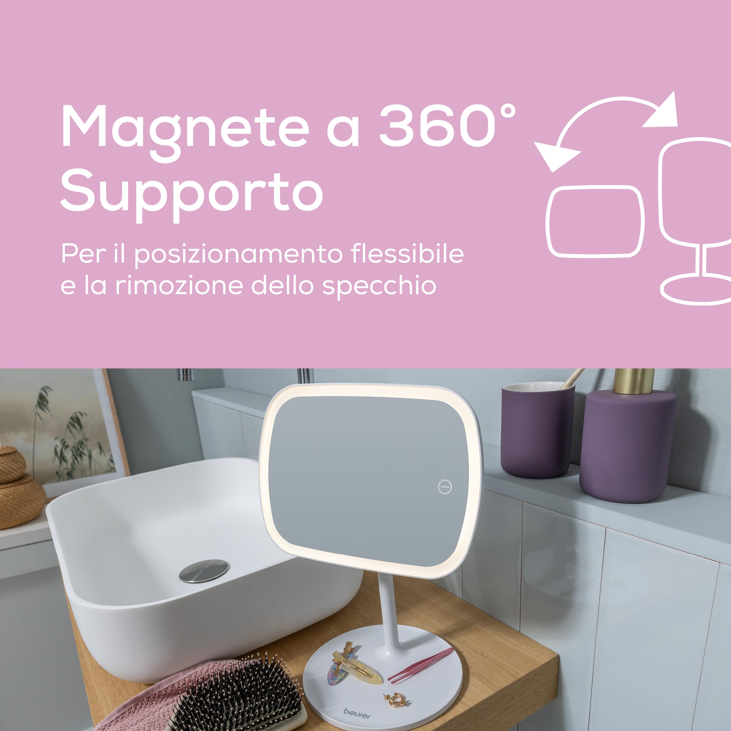 Beurer BS 47 Specchio cosmetico illuminato con 3 colori adatto per il makeup, con supporto magnetico, ruotabile a 360° e rimovibile, pratico specchio da bagno con superficie di appoggio