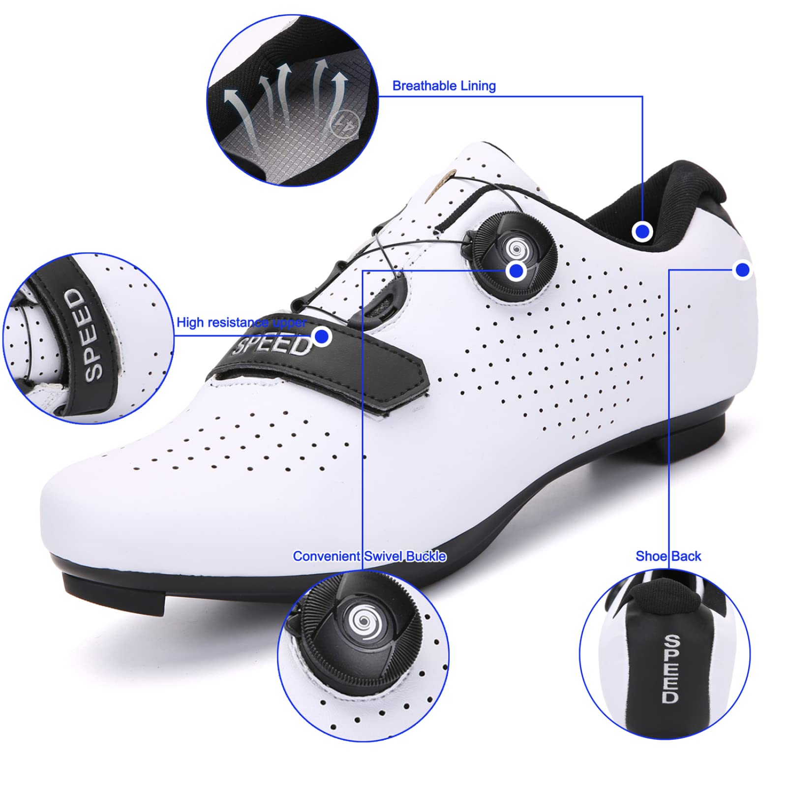 Męskie buty szosowe, kolarskie, sneakersy MTB Clits Route Cleat Dirt Bike Speed Flat Racing damskie SPD pedały kolarstwo górskie, biały., 36 EU