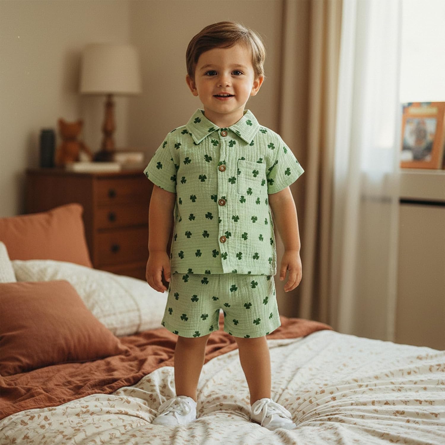 Toddler Baby Boy St Patricks Day Outfit Clover Cotton Linen Button Down Short Sleeve Shirt Shorts Set Irish Clothes - Image 4